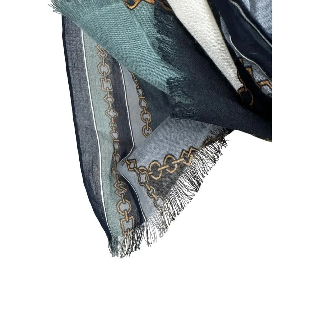 Oversized Navy Teal Chain Print Scarf Wrap Shawl Lightweight Fringe